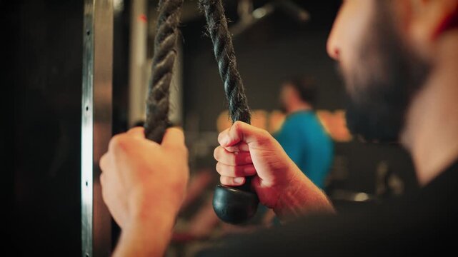 Detail macro view of athlete hands holding a braided gym rope attachment before initiating an intense upper body arm workout