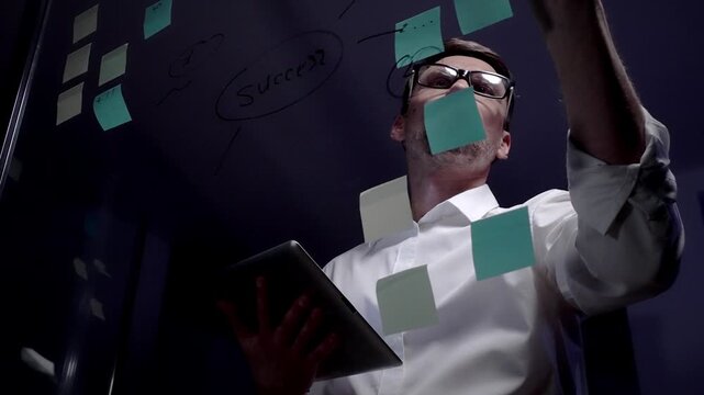 Man in eyeglasses organizing thoughts and ideas for business optimization on a clear glass board. Creating a strategic roadmap for innovation and project planning