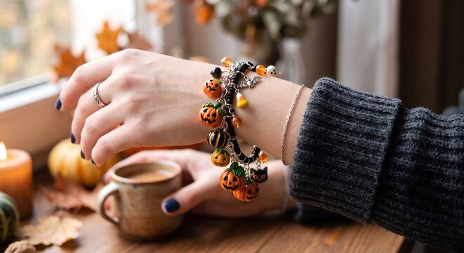 Woman wearing Halloween bracelet while enjoying coffee at home  