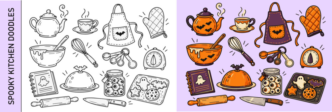 Halloween kitchen essentials vector set with baking utensils, recipe book and spooky treats