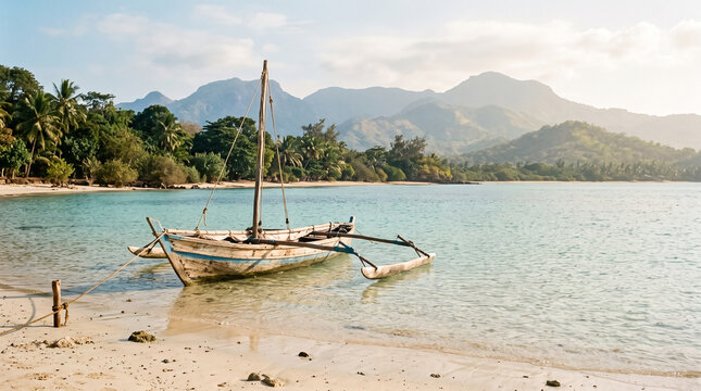 Traditional outrigger canoe resting in shallow water on a tropical beach
