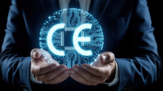 Businessman in dark suit holds glowing CE certification mark hologram. Digital blue circuit board design represents European compliance, quality standards. Concept of tech regulation, safety