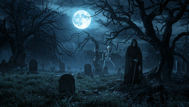 Spooky Graveyard at Night with Grim Reaper, Dancing Skeletons, Tombstones, and Glowing Full Moon