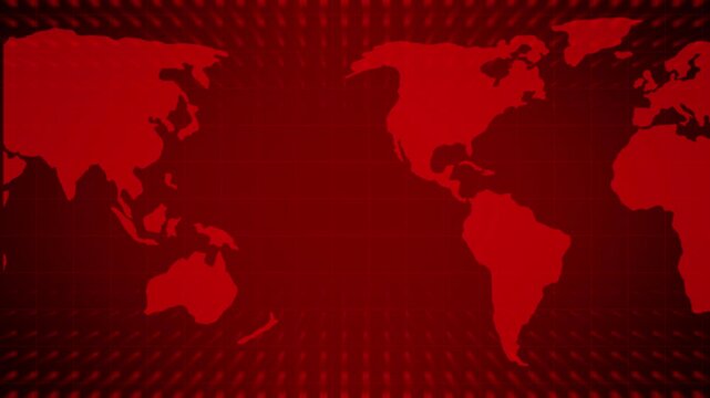 World map animation overlays a digital perspective matrix grid. International surveillance tracking telemetry routes on world map. Global networks use this map.