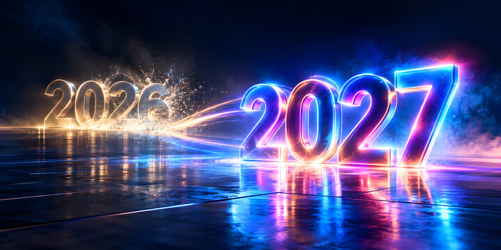 Futuristic 2026 to 2027 New Year transition with glowing neon numbers, light trails, reflections and cinematic atmosphere, ideal for premium holiday advertising and countdown campaigns.