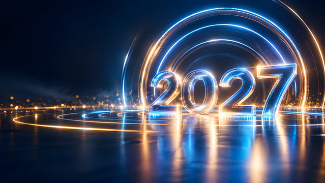 Futuristic 2027 New Year concept with luminous 3D numbers, concentric neon light rings and realistic reflections on a dark glossy surface, premium technology advertising background.