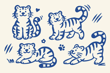 Fototapeta premium Cute hand drawn tiger doodle set with four playful tiger poses, paw print, heart and decorative elements in blue outline on a warm cream background.
