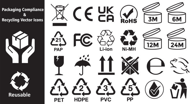 Packaging compliance icon set with CE, UKCA, WEEE marks, PAO cosmetic jars and shipping symbols