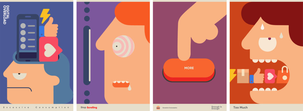 Design collection of flat posters illustrates excessive digital consumption, compulsive scrolling and online shopping with stylized faces, a phone, buttons, and social icons.