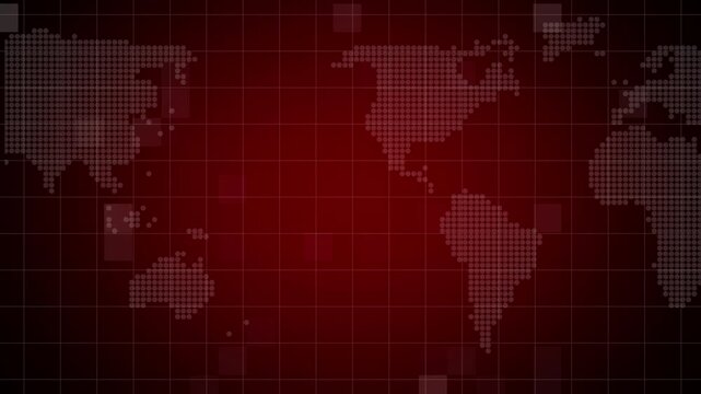 World map animation displays fading data squares over a matrix grid. International telecommunication networks link world map. Cyber surveillance powers the map.
