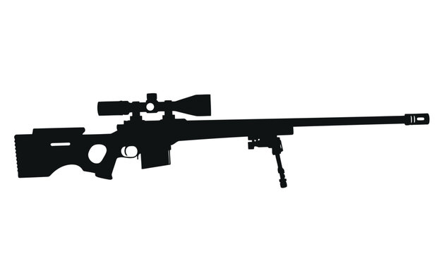 Black silhouette of a long range sniper rifle with scope on white background