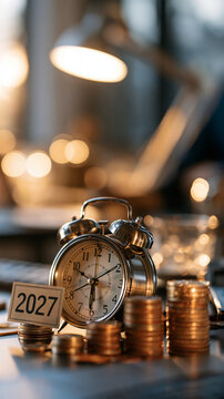 Classic alarm clock beside ascending coin stacks and a small card displaying "2027" clock hands approaching midnight and warm desk lamp light against a softly shadowed background tangible