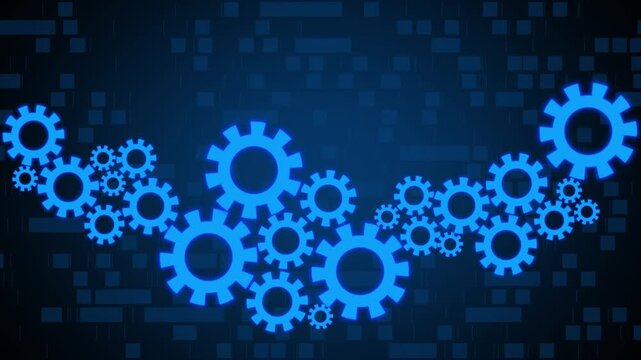 Gears animation displays interconnected mechanical cogs on dark. Automated factory machinery telemetry guides gears animation. Industrial technology drives gears.