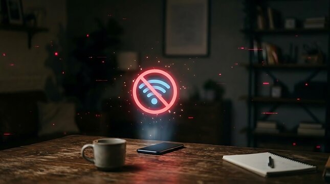 Glowing red no wifi symbol hologram hovering above a smartphone and coffee cup on a wooden table internet connection