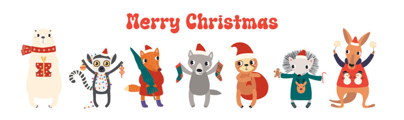 Obraz premium Cute animals in Santa Claus hats celebrating Christmas, with tree, sparklers, ornaments, stockings illustration. Cartoon characters. Holiday kids print, design element, card, banner. Hand drawn vector