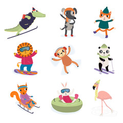 Obraz premium Cute animals outdoors winter activities illustration isolated set. Cartoon characters playing with snow, skiing, sledding, snowboarding, tubing, skating. Winter sports kids print. Hand drawn vector