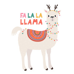 Fototapeta premium Cute funny llama in reindeer antlers, with lights, text Fa la la llama Christmas illustration. Cartoon animal character. Holiday kids print, design element, card, banner. Hand drawn vector