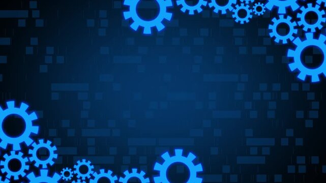 Gears animation scatters rotating mechanical cogs across dark space. Automated machinery engineering telemetry guides gears animation. Factory robotics use gears.