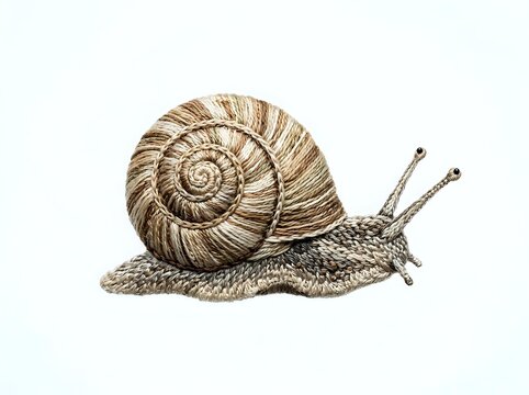 Garden snail with spiral shell and textured body, rendered in detailed sepia tones