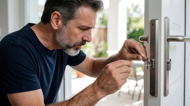 Middle aged man uses metal tools to pick lock on white door. Pro locksmith performing repair emergency opening service at home. Male specialist fixes security mechanism to gain access to residential