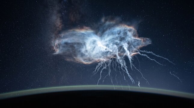 Atmospheric phenomena flare above Earth horizon in dark space. Newsworthy weather event for climate reporting, science coverage, and breaking headlines.  
