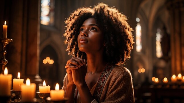African American woman prays in dark church. Black female believer holds hands together, looking up with devotion. Warm candlelight glows in background. Spiritual woman finds peace, connection with