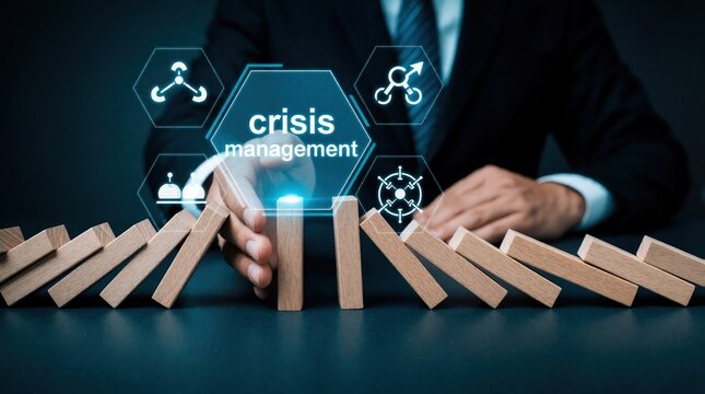 Businessman stops falling wooden dominoes with hand to prevent total collapse. Crisis management concept shows strategic risk control, business planning. Man uses leadership to stabilize system, find