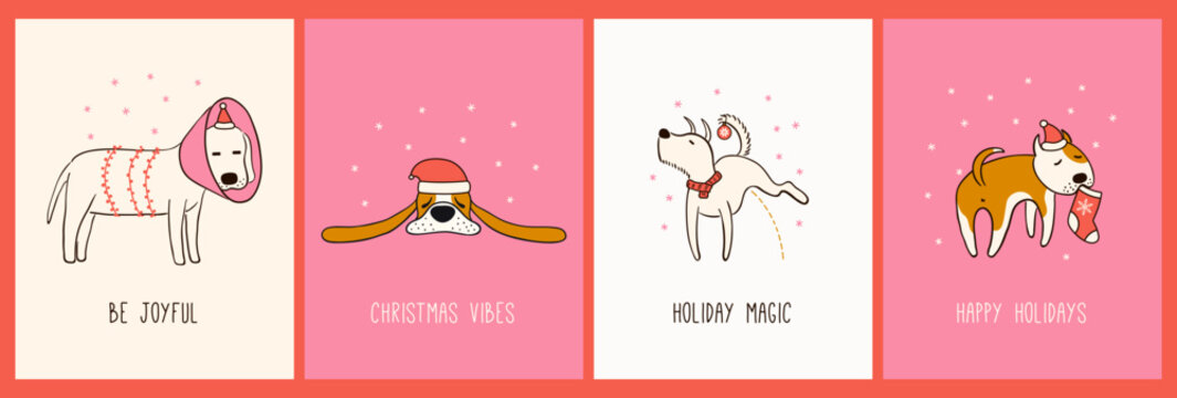 Funny Christmas dog illustration. Cute doggy, puppy in Santa Claus hat greeting card, gift tag, poster collection. Holiday design elements for print, banner, advent calendar. Hand drawn vector