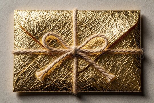 Luxury gold envelope tied with twine string on textured paper. Elegant metallic gift package with rustic knot. Premium wedding invitation special anniversary card. Golden stationery for festive