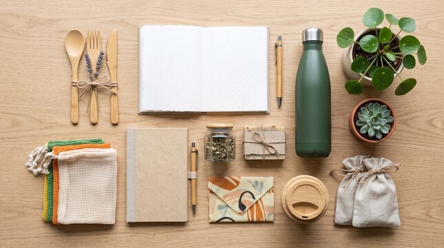 Flat lay of eco friendly zero waste lifestyle items on wooden table
