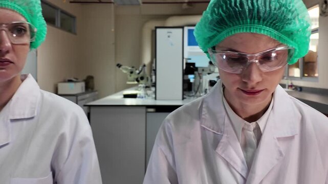 Laboratory room. Female scientists conducting laboratory research with colorful chemical samples. Using test tubes flasks and microscopes for scientific analysis and experimentation. Bio or chemical