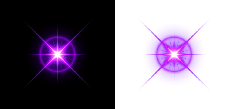Vibrant purple light flare effect starburst with rays isolated on transparent background