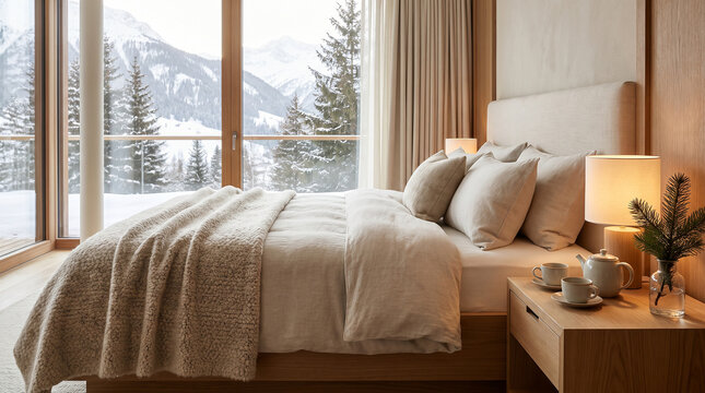 Luxury hotel bedroom interior featuring cozy beige bedding and large panoramic windows overlooking snowy mountain scenery