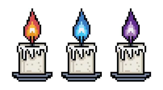 Pixel Candles with Colorful Flames: A set of three pixel art candles, each with a distinct colored flame &ndash; red, blue, and purple &ndash; stand on small plates, with melted wax dripping down their sides.