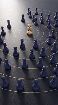 Single golden chess pawn standing in the center of concentric gold cir