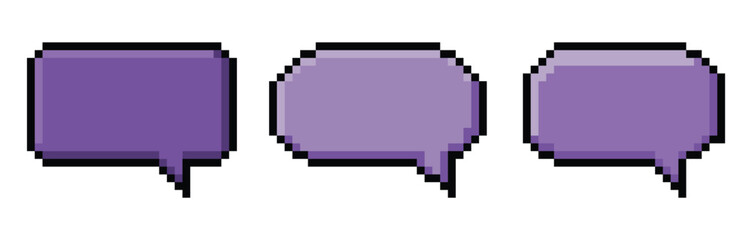 Fototapeta premium Pixelated Speech Bubbles: A collection of three digital, pixel art speech bubbles in varying shades of purple, representing conversation and communication in a retro digital style.