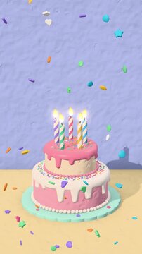 Claymation birthday cake with lit candles and falling plasticine confetti, stop motion vertical video, copy space for Happy Birthday text, seamless loop
