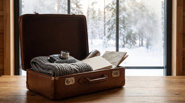 Open vintage brown leather suitcase packed with cozy woolen sweater camera and maps near snowy window scene