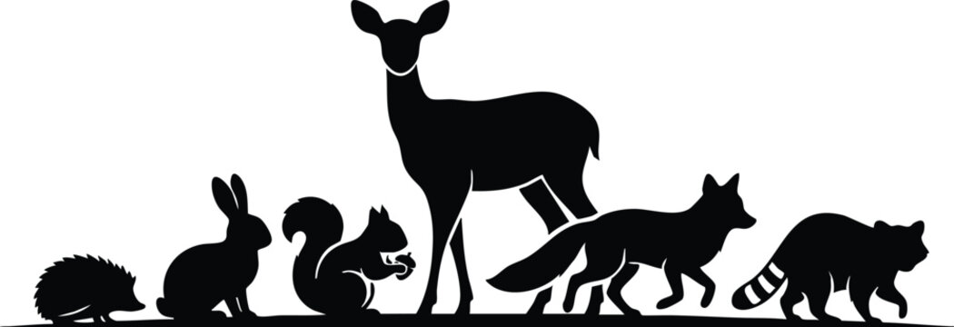 Wild Animal Silhouette Collection, African Wildlife and Forest Animals Black Vector Illustration on White Background