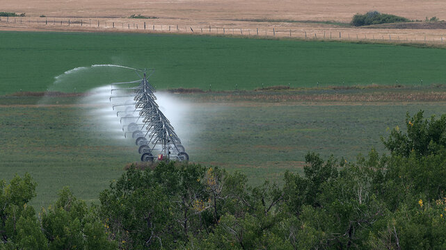 Irrigation equipment spraying water on field