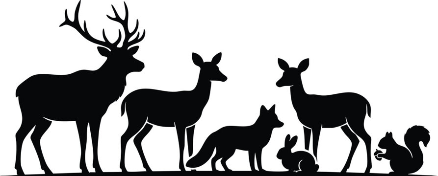 Wild Animal Silhouette Collection, African Wildlife and Forest Animals Black Vector Illustration on White Background