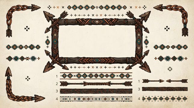 Tribal frame and arrow border elements with rustic ethnic patterns