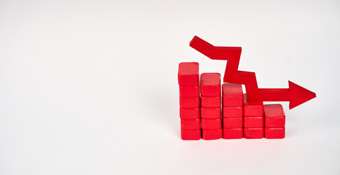 Descending block chart with downward arrow representing market decline isolated on white background.
