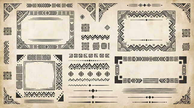 Hand drawn tribal frame kit with geometric borders and dividers