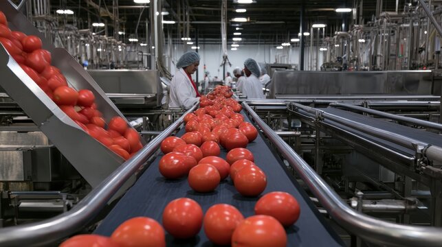 Automated tomato sorting on a conveyor belt in a modern food factory