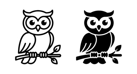 Fototapeta premium Owl icons sitting on a branch displayed in line art and solid black vector design.