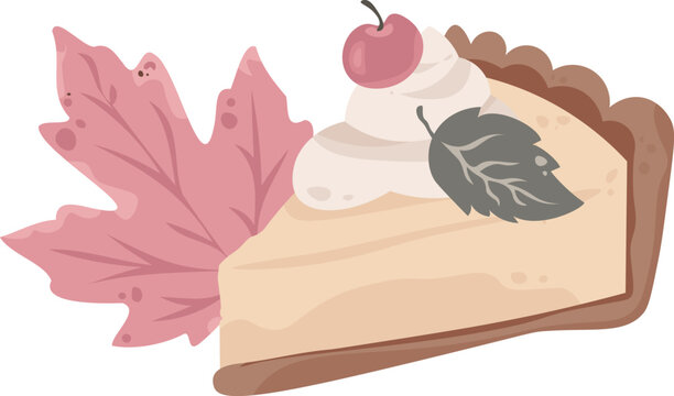 Cute vector illustration of a pie slice with berry, whipped cream, and a pink maple leaf. Perfect for autumn menus, Thanksgiving cards, and bakery designs