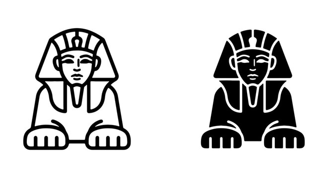 Sphinx icons in outline and solid black style represent ancient Egyptian culture and history.