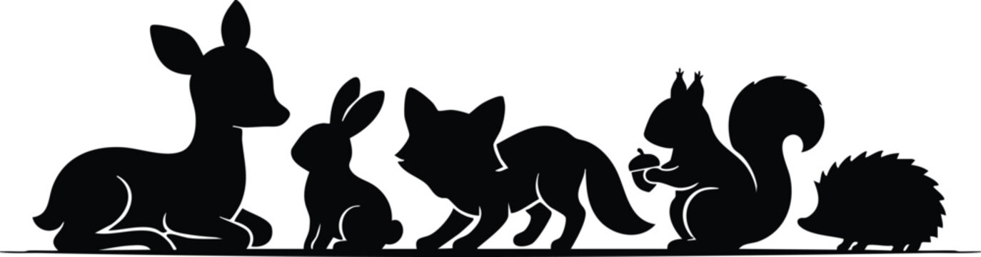 Wild Animal Silhouette Collection, African Wildlife and Forest Animals Black Vector Illustration on White Background