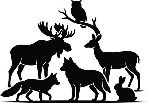 Wild Animal Silhouette Collection, African Wildlife and Forest Animals Black Vector Illustration on White Background